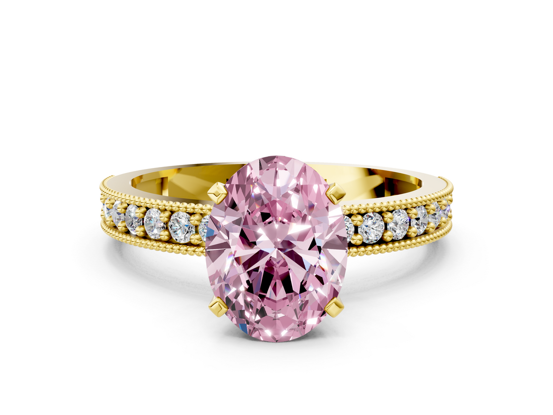 Yellow gold Fancy Pink Oval  Milgrain Pave Diamond Engagement Ring with Four-Prong Setting_152