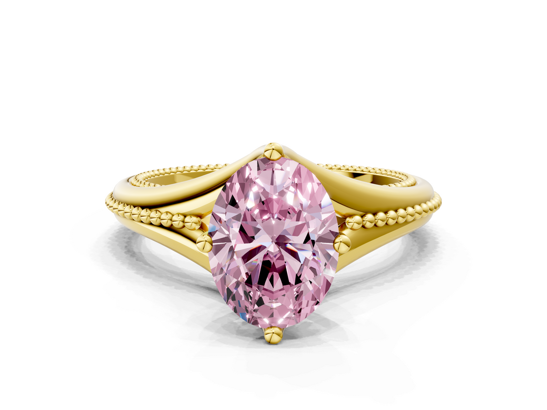 Yellow gold Fancy Pink Oval  Solitaire Beaded Band Six-Prong Setting