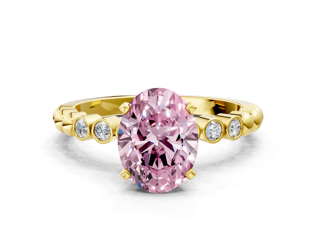 Yellow gold Fancy Pink Oval  Solitaire Bezel Accent Diamond Engagement Ring with Beaded Band and Four-Prong Setting_24