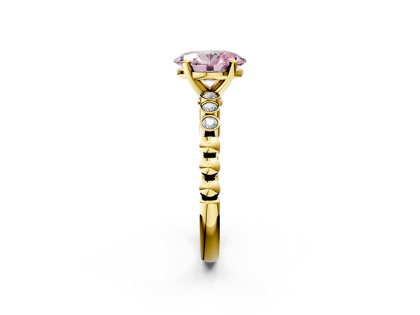 Yellow gold Fancy Pink Oval  Solitaire Bezel Accent Diamond Engagement Ring with Beaded Band and Four-Prong Setting