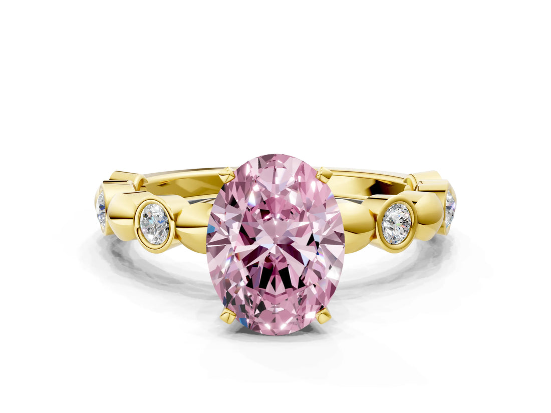 Yellow gold Fancy Pink Oval  Solitaire Bezel-Set Diamond Ring with Beaded Band and Four-Prong Setting_32