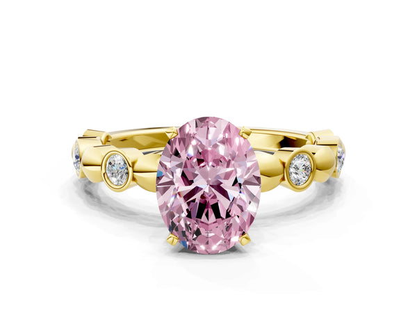 Yellow Gold Oval Engagement Ring Setting for Fancy Pink Center with Bezel Station Beaded Band