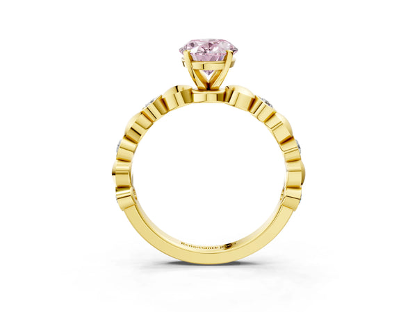 Yellow Gold Oval Engagement Ring Setting for Fancy Pink Center with Bezel Station Beaded Band