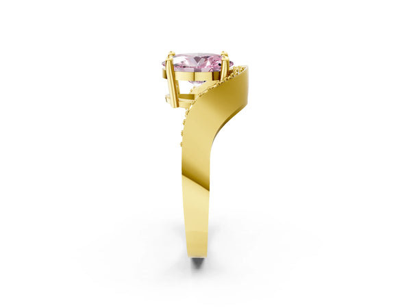Yellow Gold Oval Bypass Solitaire Engagement Ring Setting for Fancy Pink Center with Pave Wave Band