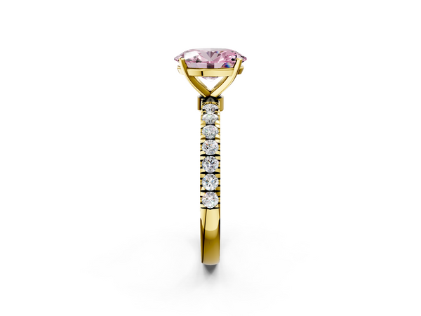 Yellow gold Fancy Pink Oval Cut Diamond Solitaire Ring with Pavé Accents and Four-Prong Setting