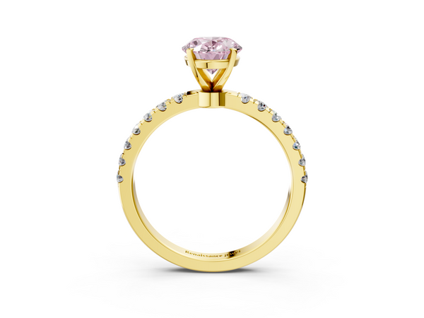 Yellow gold Fancy Pink Oval Cut Diamond Solitaire Ring with Pavé Accents and Four-Prong Setting