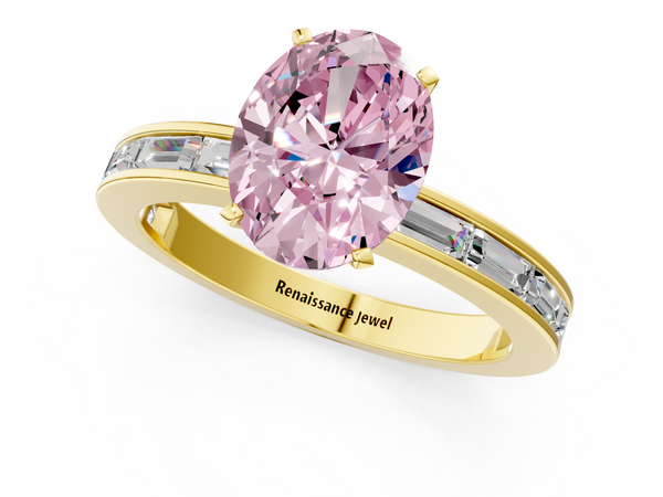 Yellow gold Fancy Pink Oval  Solitaire Diamond Ring with Channel-Set Baguette Band and Four-Prong Setting