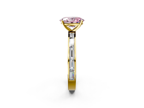 Yellow gold Fancy Pink Oval  Solitaire Diamond Ring with Channel-Set Baguette Band and Four-Prong Setting