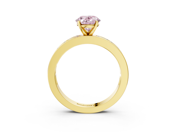 Yellow gold Fancy Pink Oval  Solitaire Diamond Ring with Channel-Set Baguette Band and Four-Prong Setting