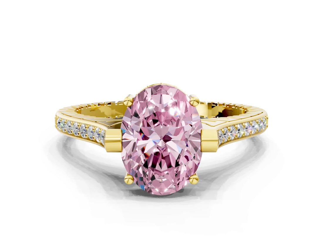 Yellow gold Fancy Pink Oval  Solitaire Diamond Ring with Channel Set Band and Bezel Prong Setting_56