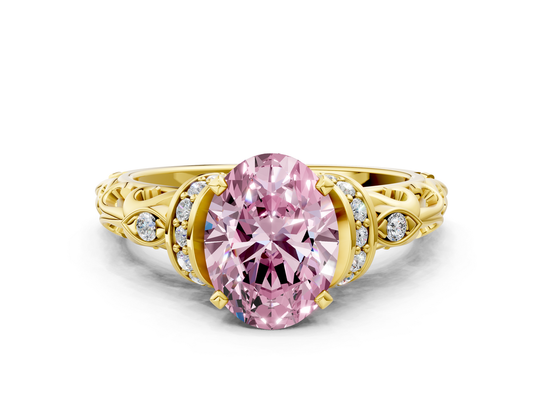 Yellow gold Fancy Pink Oval  Solitaire Diamond Ring with Filigree Band and Four-Prong Setting_25