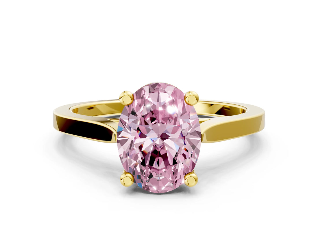 Yellow gold Fancy Pink Oval  Solitaire Diamond Ring with Four-Prong Setting and Tapered Band 1
