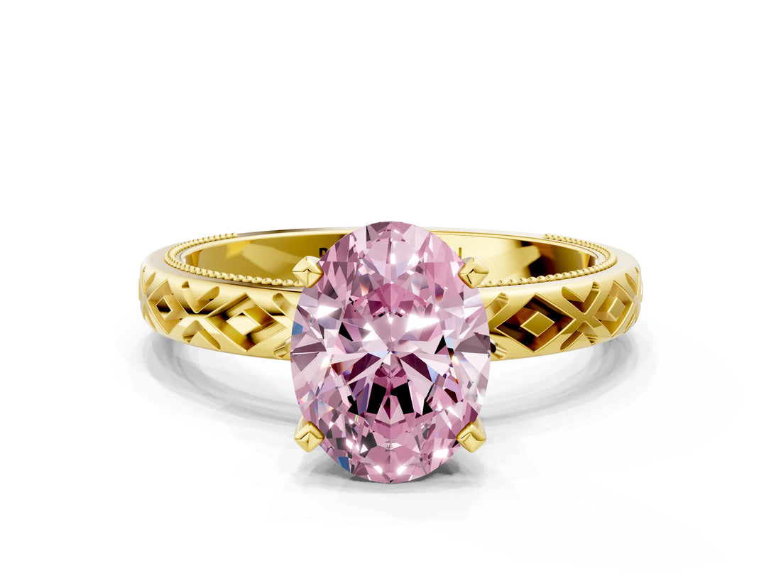 Yellow gold Fancy Pink Oval  Solitaire Diamond Ring with Milgrain and Black Enamel X Pattern Band_175