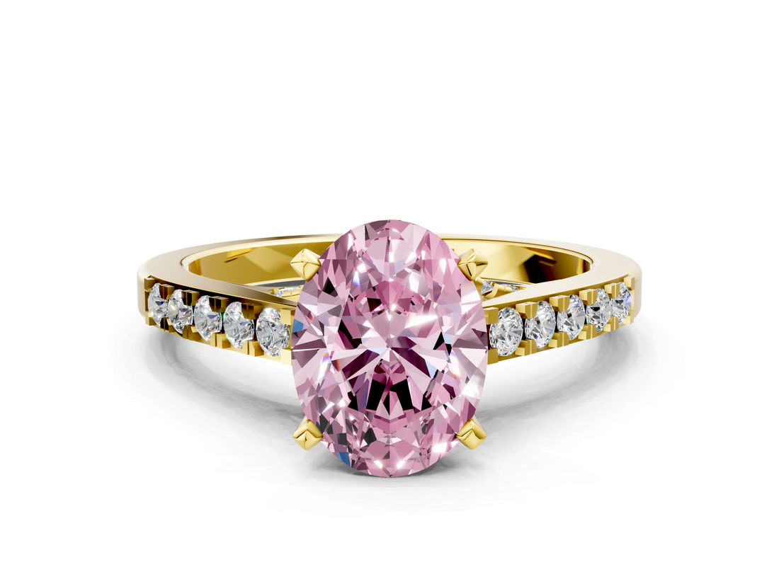 Yellow gold Fancy Pink Oval  Solitaire Diamond Ring with Pavé Band and Four-Prong Setting_85