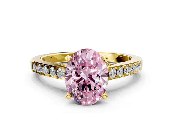 Yellow gold Fancy Pink Oval  Diamond Solitaire Ring with Pavé Band and Prong Setting