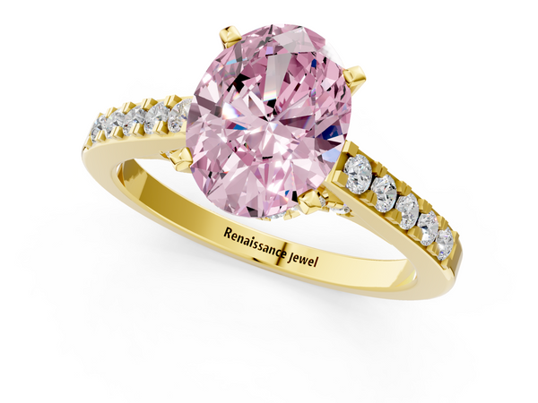 Yellow gold Fancy Pink Oval  Diamond Solitaire Ring with Pavé Band and Prong Setting