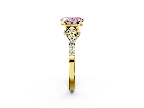 Yellow gold Fancy Pink Oval  Diamond Solitaire Ring with Pavé Band and Prong Setting