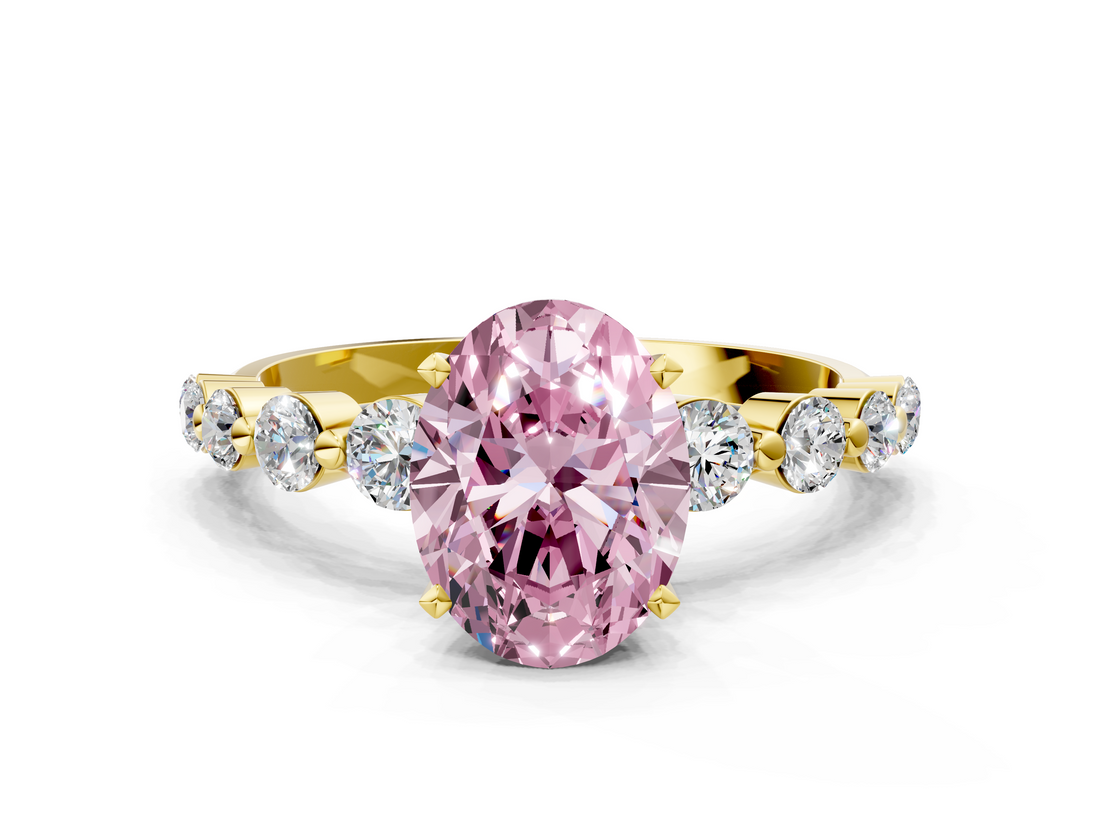 Yellow gold Fancy Pink Oval  Solitaire Diamond Ring with Pave Band and Four-Prong Setting_228