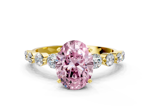 Yellow gold Fancy Pink Oval Cut Solitaire Diamond Ring with Pave Band and Four-Prong Setting