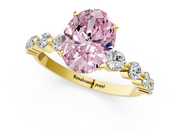 Yellow gold Fancy Pink Oval Cut Solitaire Diamond Ring with Pave Band and Four-Prong Setting