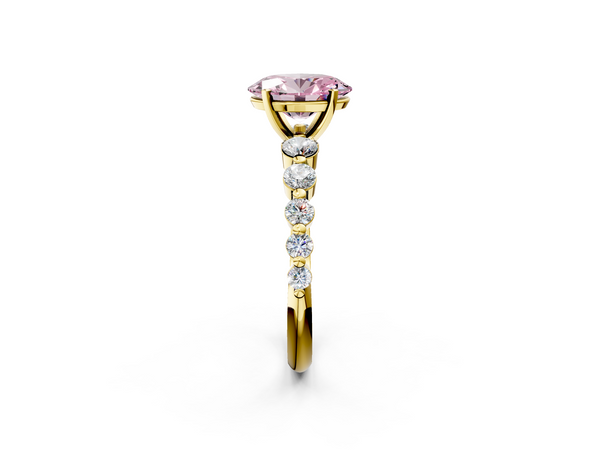 Yellow gold Fancy Pink Oval Cut Solitaire Diamond Ring with Pave Band and Four-Prong Setting