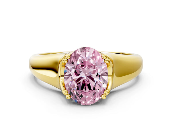 Yellow gold Fancy Pink Oval Cut Diamond Solitaire Ring with Wide Band and Prong Setting