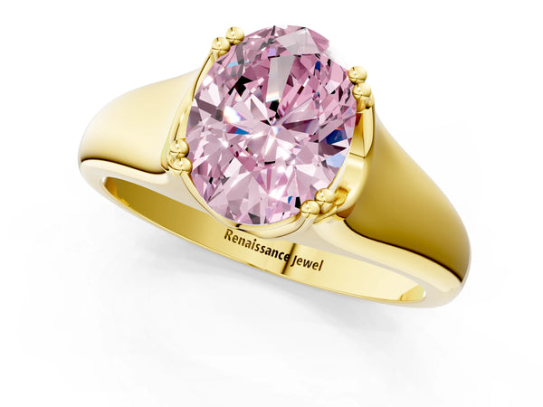 Yellow gold Fancy Pink Oval Cut Diamond Solitaire Ring with Wide Band and Prong Setting