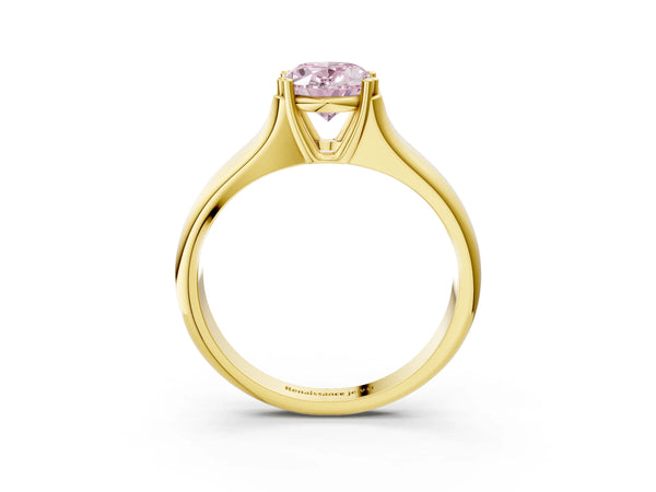 Yellow gold Fancy Pink Oval Cut Diamond Solitaire Ring with Wide Band and Prong Setting