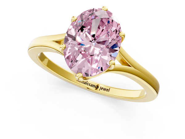 Yellow gold Fancy Pink Oval  Solitaire Diamond Ring with Six-Prong Setting and Tapered Band