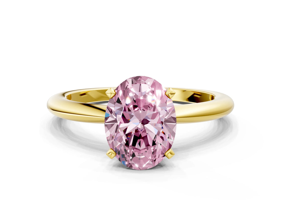 Yellow gold Fancy Pink Oval  Solitaire Diamond Ring with Six-Prong Setting on a Classic Band