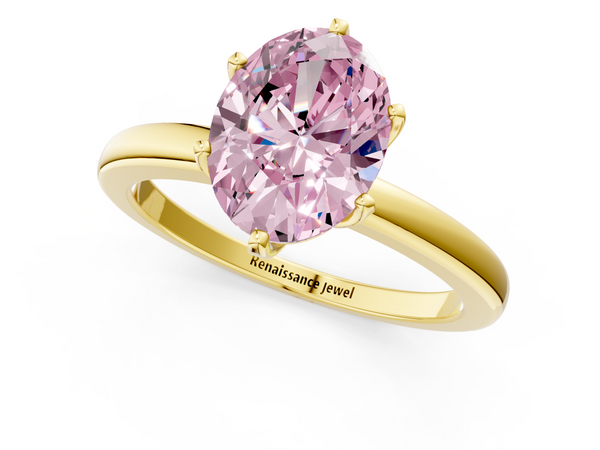 Yellow gold Fancy Pink Oval  Solitaire Diamond Ring with Six-Prong Setting on a Classic Band