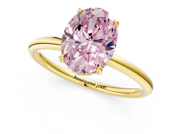 Yellow gold Fancy Pink Oval  Solitaire Diamond Ring with a Classic Band and Four-Prong Setting