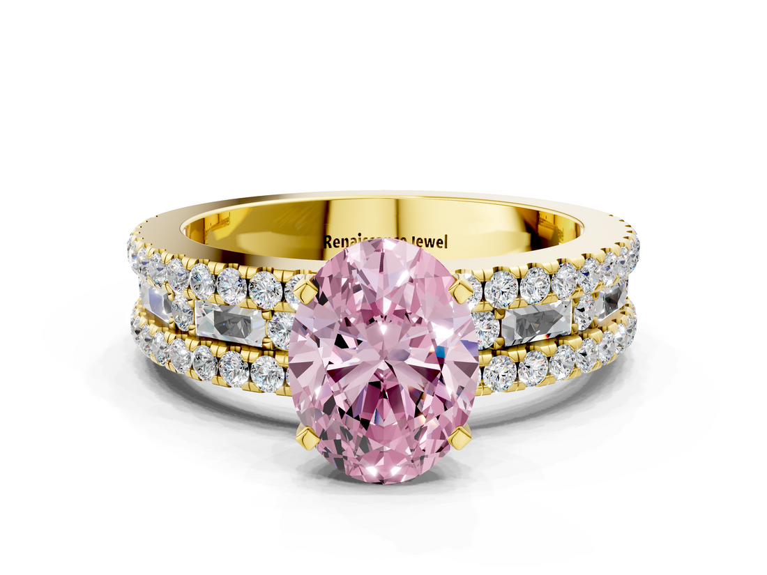 Yellow gold Fancy Pink Oval  Solitaire Diamond with Pave and Channel Set Band_42
