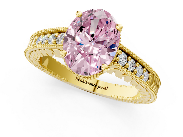 Yellow gold Fancy Pink Oval  Solitaire Pavé Diamond Milgrain Engagement Ring with Four-Prong Setting