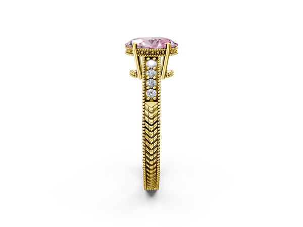 Yellow gold Fancy Pink Oval  Solitaire Pavé Diamond Milgrain Engagement Ring with Four-Prong Setting