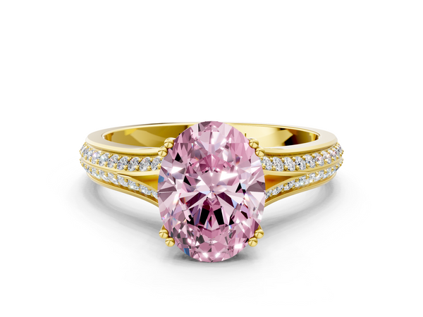 Yellow gold Fancy Pink Oval Cut Diamond Split Shank Engagement Ring with Pavé Band