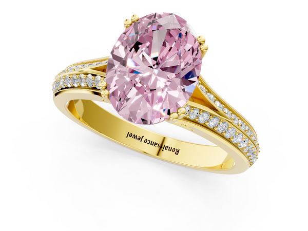 Yellow gold Fancy Pink Oval Cut Diamond Split Shank Engagement Ring with Pavé Band