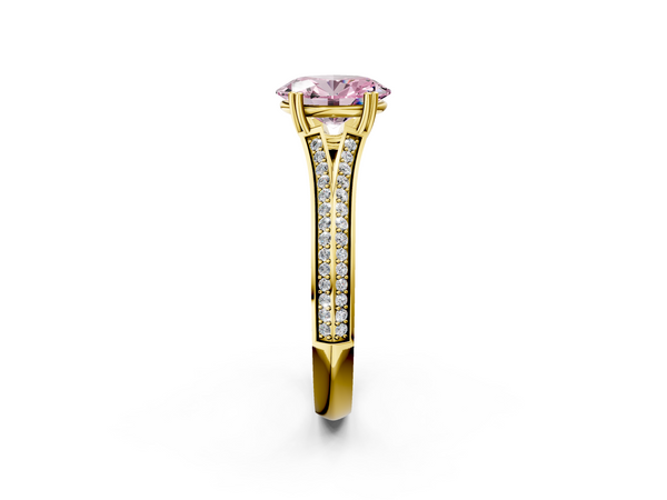 Yellow gold Fancy Pink Oval Cut Diamond Split Shank Engagement Ring with Pavé Band