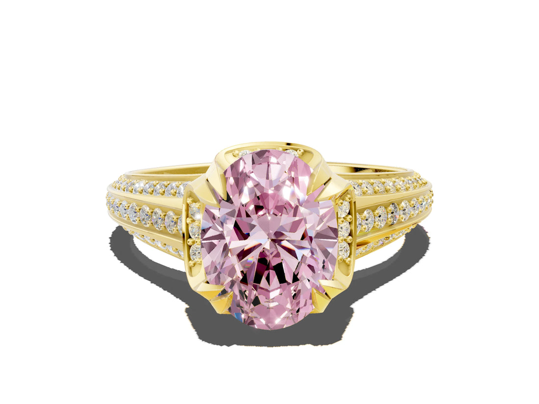 Yellow gold Fancy Pink Oval  Solitaire Pave Split Shank Ring with Four-Prong Setting_157