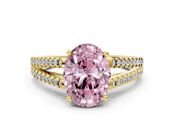 Yellow gold Fancy Pink Oval Cut Diamond Solitaire Engagement Ring with Split Shank Pavé Band
