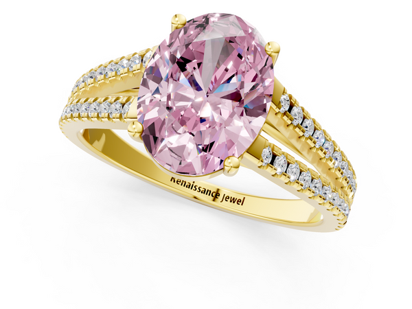 Yellow gold Fancy Pink Oval Cut Diamond Solitaire Engagement Ring with Split Shank Pavé Band