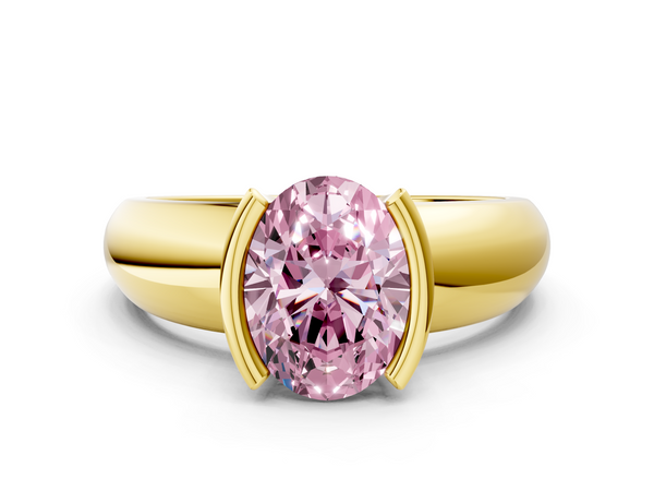 Yellow gold Fancy Pink Oval  Solitaire Tension Set Diamond Ring with Wide Band