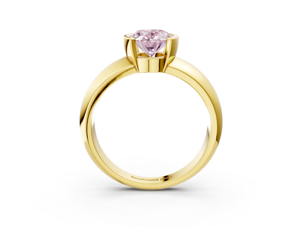 Yellow gold Fancy Pink Oval  Solitaire Tension Set Diamond Ring with Wide Band