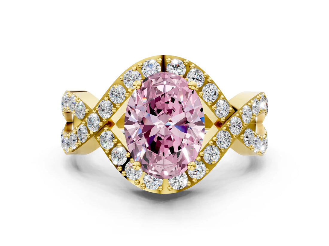 Yellow gold Fancy Pink Oval  Solitaire Twist Band Pavé Diamond Engagement Ring_32