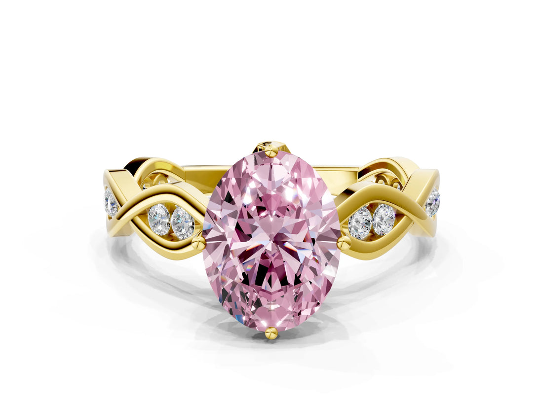 Yellow gold Fancy Pink Oval  Solitaire Twist Band with Leaf Prong Setting 1