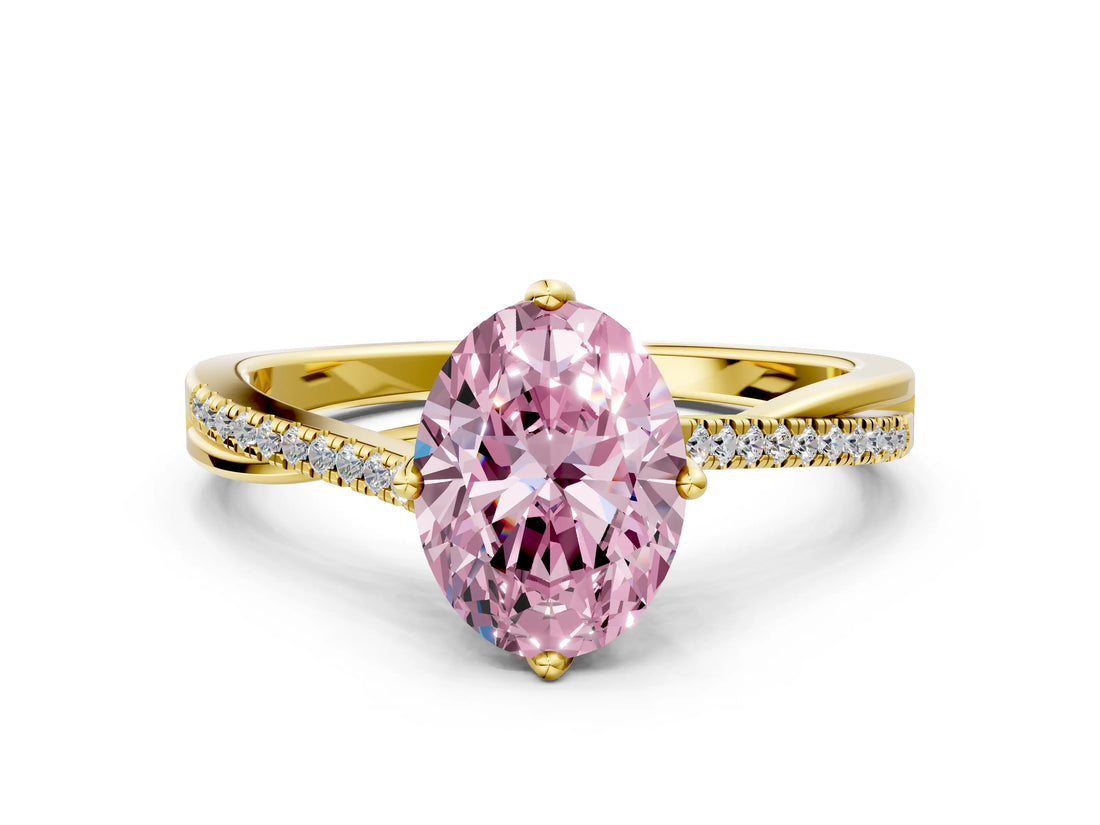 Yellow gold Fancy Pink Oval  Solitaire Twist Band with Pavé Diamonds and Four-Prong Setting_53