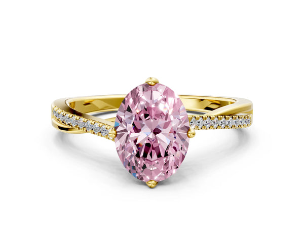 Yellow gold Fancy Pink Oval  Solitaire Twist Band with Pavé Diamonds and Four-Prong Setting