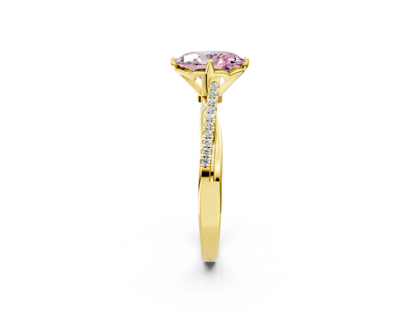 Yellow gold Fancy Pink Oval  Solitaire Twist Band with Pavé Diamonds and Four-Prong Setting