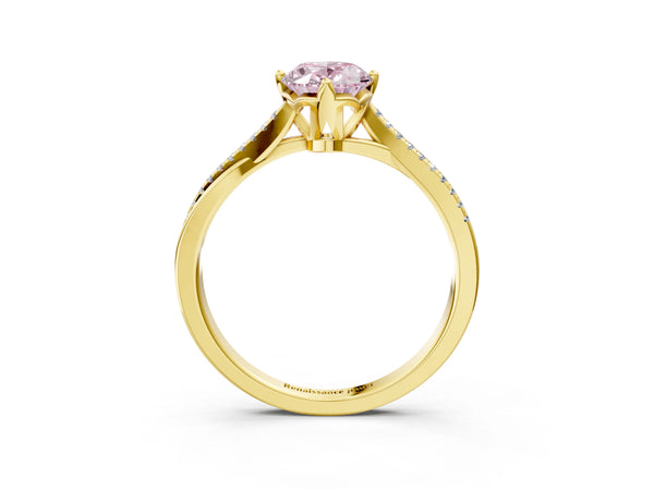 Yellow gold Fancy Pink Oval  Solitaire Twist Band with Pavé Diamonds and Four-Prong Setting