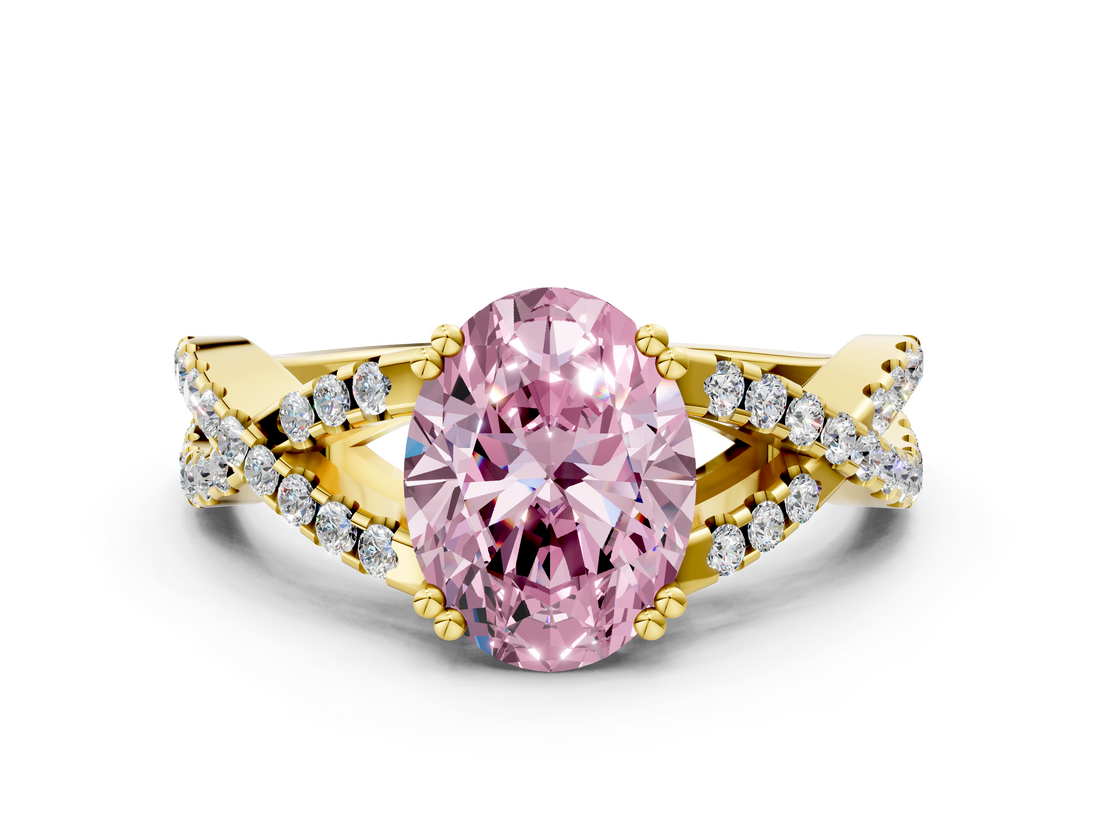 Yellow gold Fancy Pink Oval  Solitaire Twist Band with Pavé Setting and Four-Prong Setting_17